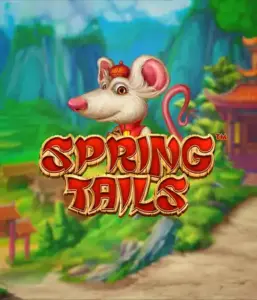 A whimsical illustration of a white rat dressed in traditional Chinese attire positioned in front of a vibrant landscape with mountains. The image promotes the Spring Tails Slot by Betsoft, highlighted with prominent gold and red logo text.