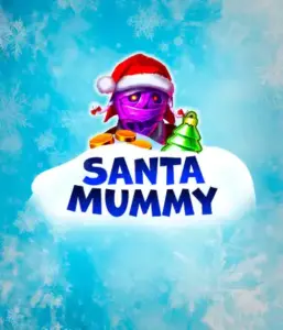  Experience the whimsical "Santa Mummy" slot game by Belatra, highlighting a Santa-clad mummy decked out in festive holiday attire. This eye-catching image portrays the mummy with a vivid purple hue, wearing a Santa hat, against a backdrop of snowy blue with frosty snowflakes. The game's title, "Santa Mummy," is prominently displayed in large, frost-like blue letters.